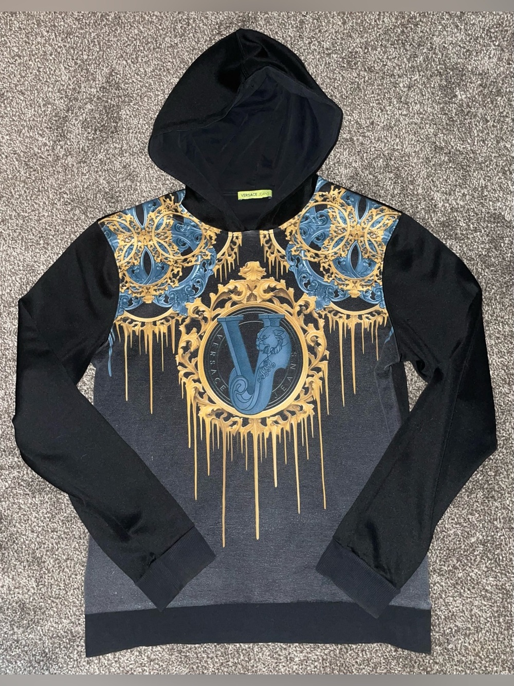 Versace Jeans Black Pull Over Hoodie With Baroque Gold Drip Design